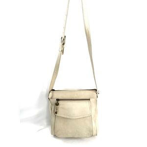 Fossil Cream Leather Shoulder Bag Purse Front Flap Pocket Brass Key Charm